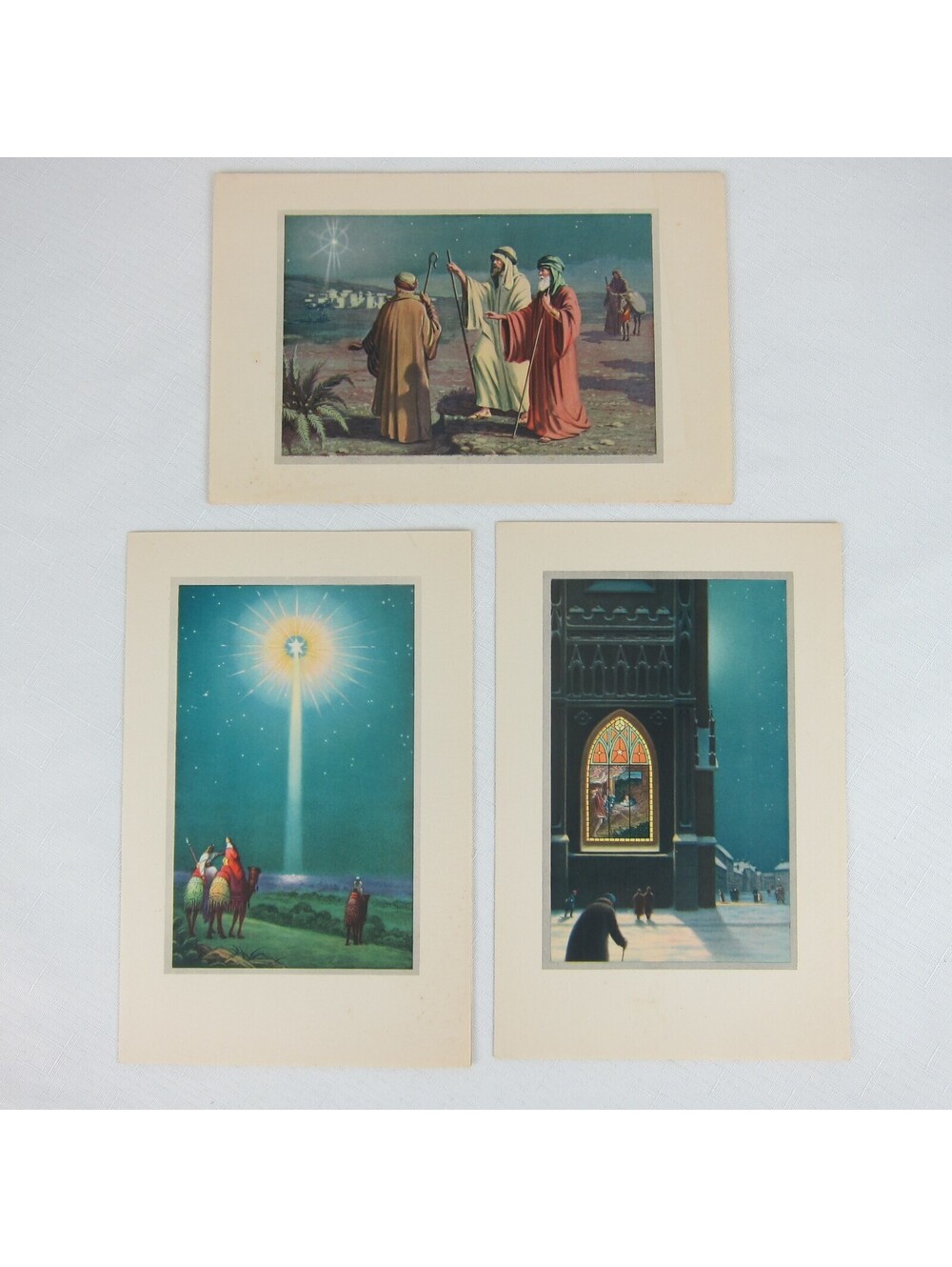 Vintage Christmas Cards Lot 3 Religious Bethlehem Star Wise Men Church USA Litho